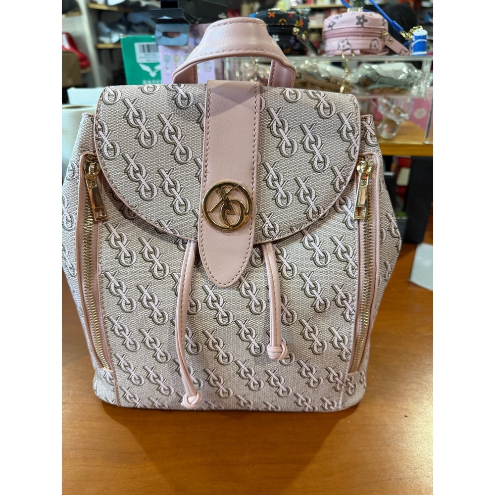 XOXO Pink Monogram Mini Backpack Gold Logo Drawstring Flap Bag NWT